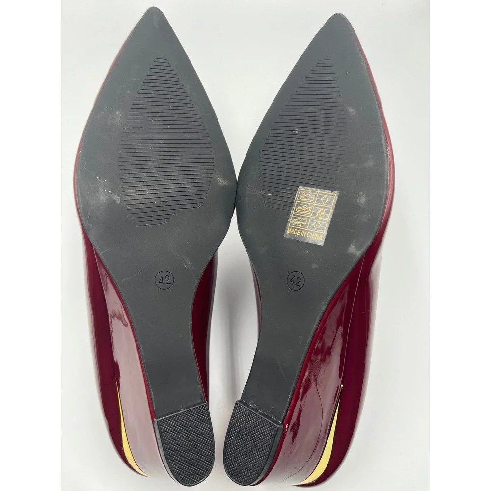 Burgundy Patent Pointed Toe Mule Wedge Heels Gold Accent Womens Size 11 EU42